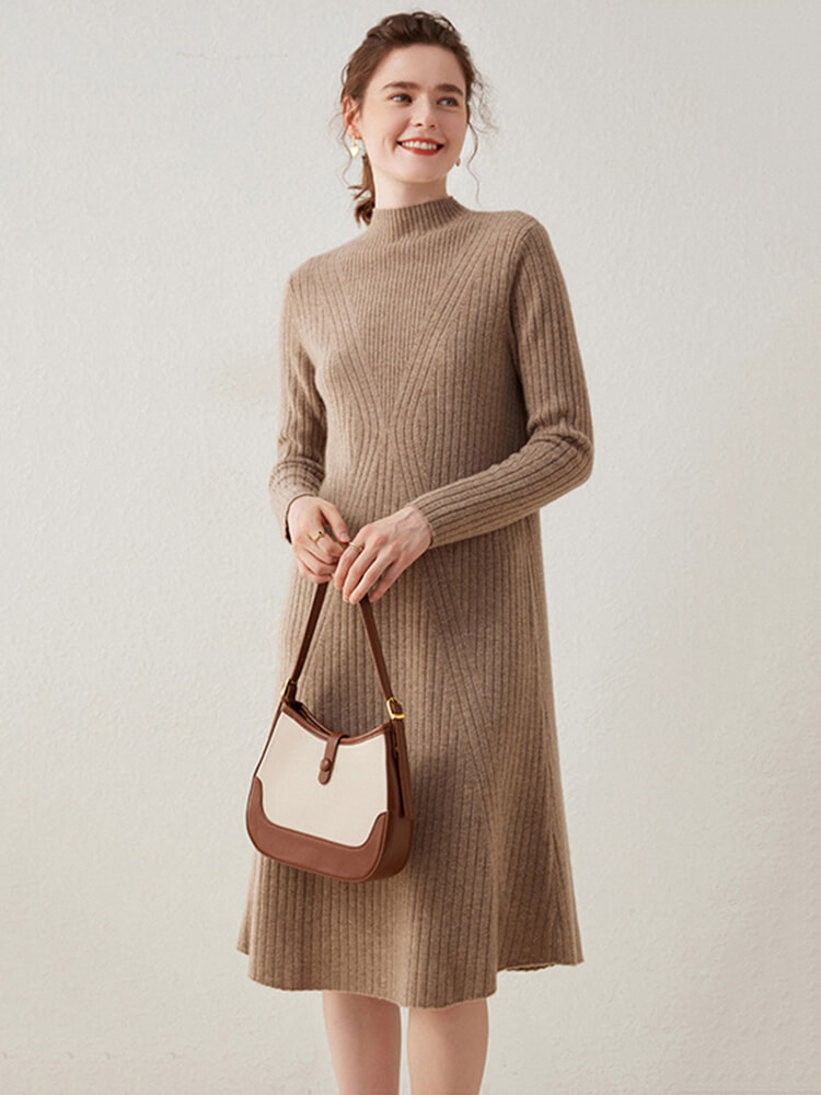 V-shaped Rib-knit Cashmere Mock Neck Midi Dress
