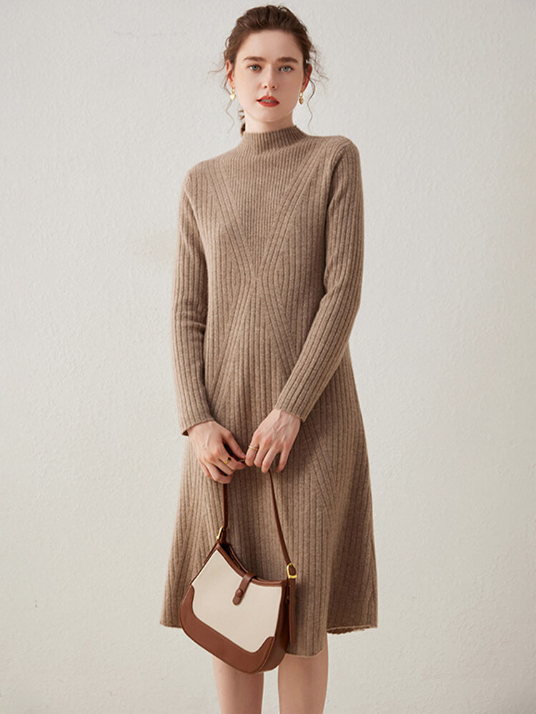 V-shaped Rib-knit Cashmere Mock Neck Midi Dress