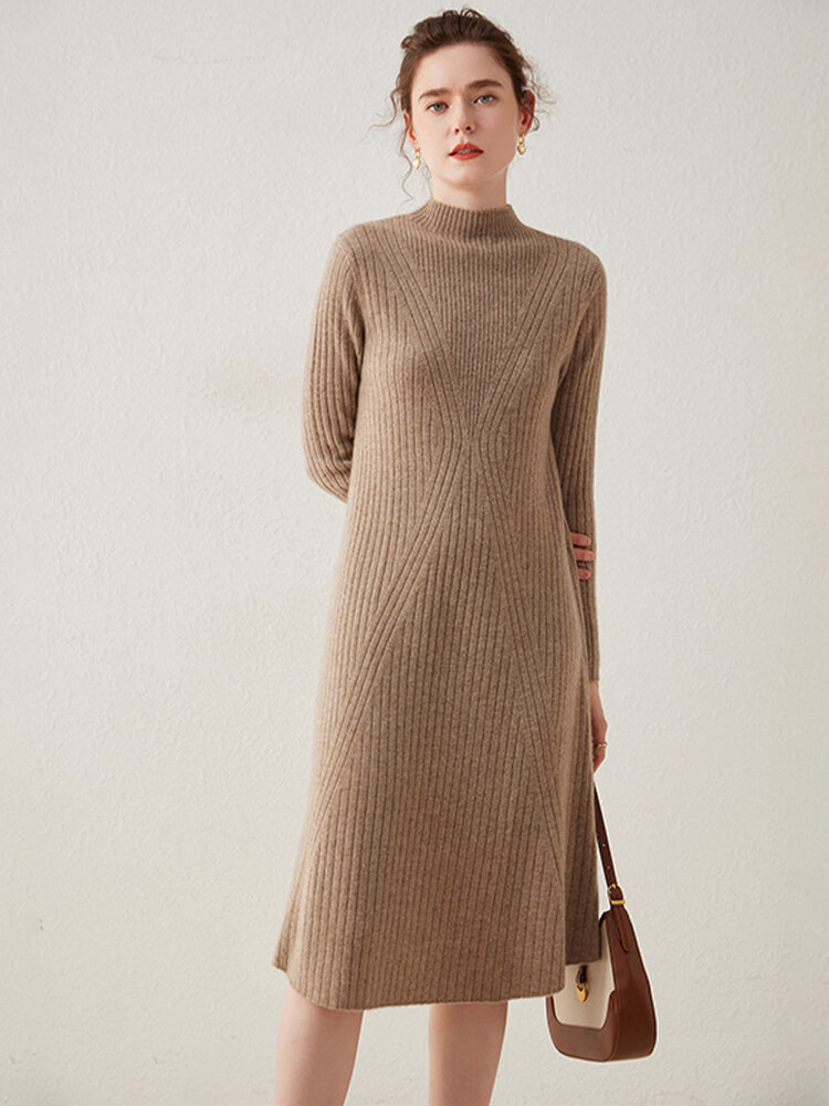 V-shaped Rib-knit Cashmere Mock Neck Midi Dress