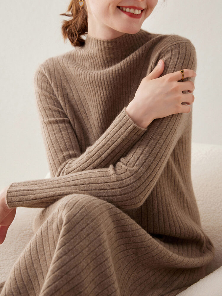 V-shaped Rib-knit Cashmere Mock Neck Midi Dress