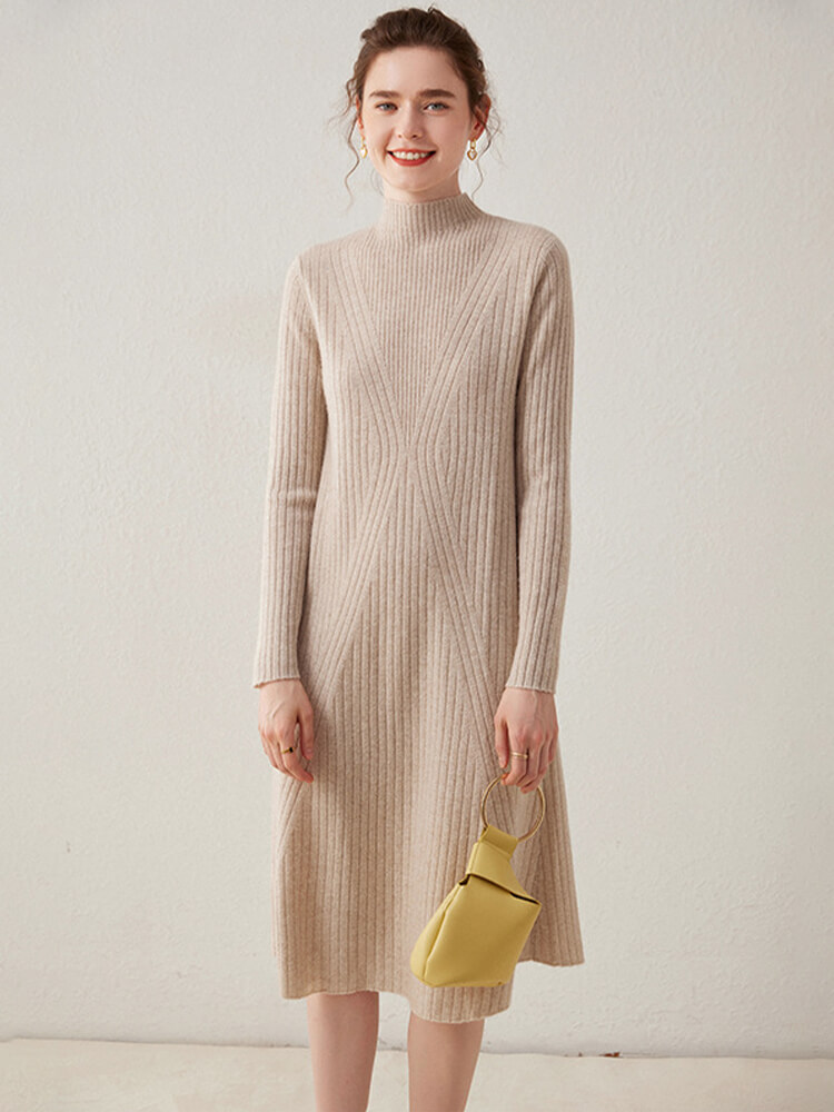 V-shaped Rib-knit Cashmere Mock Neck Midi Dress