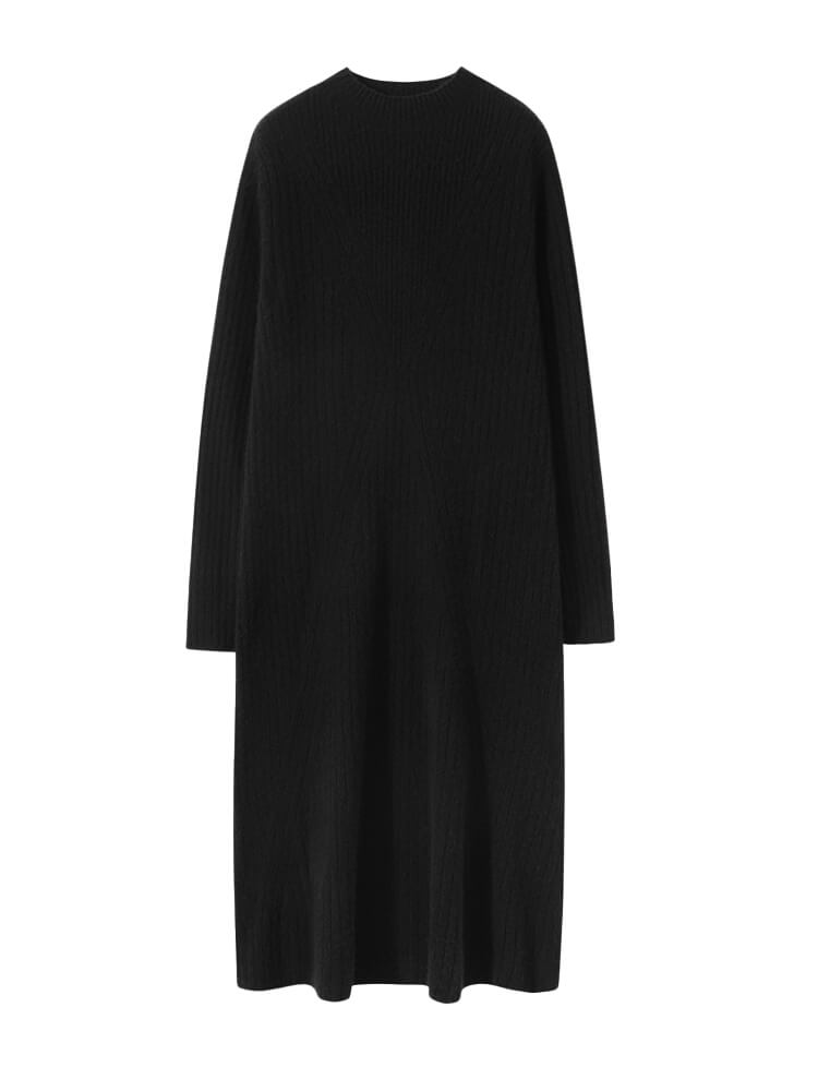 V-shaped Rib-knit Cashmere Mock Neck Midi Dress