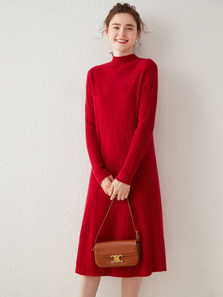 V-shaped Rib-knit Cashmere Mock Neck Midi Dress