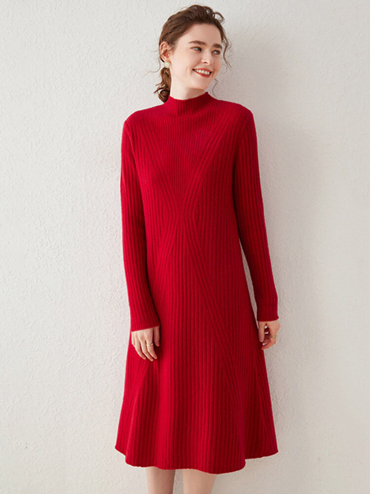 V-shaped Rib-knit Cashmere Mock Neck Midi Dress