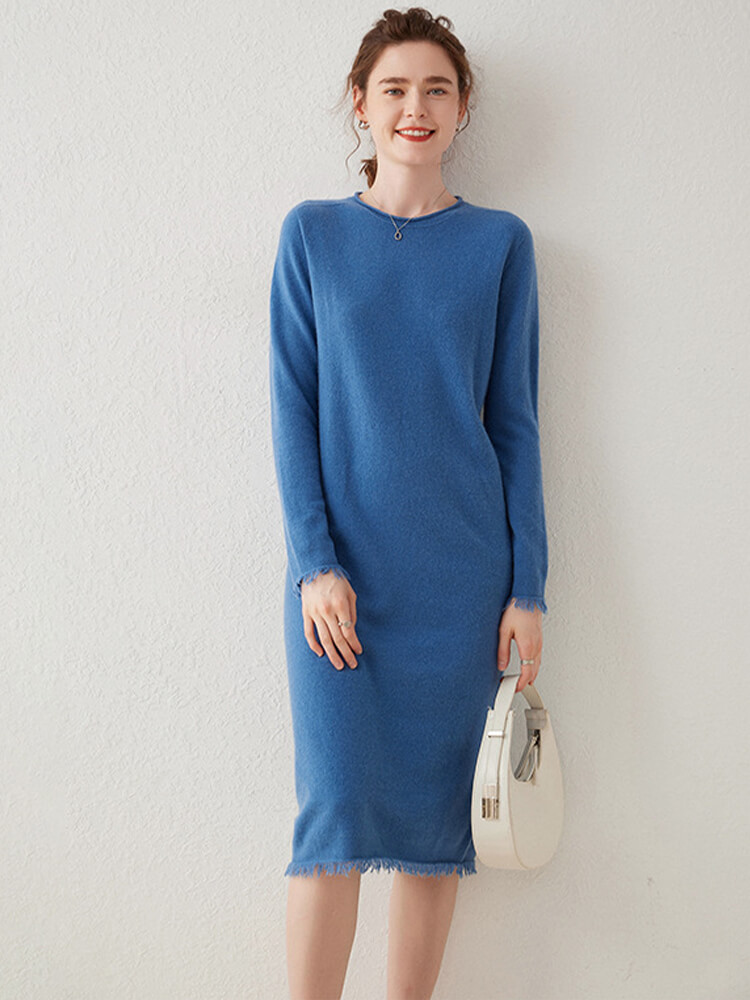 Boho-Chic Mid-Length Cashmere Crewneck Dress with Tassel Trim