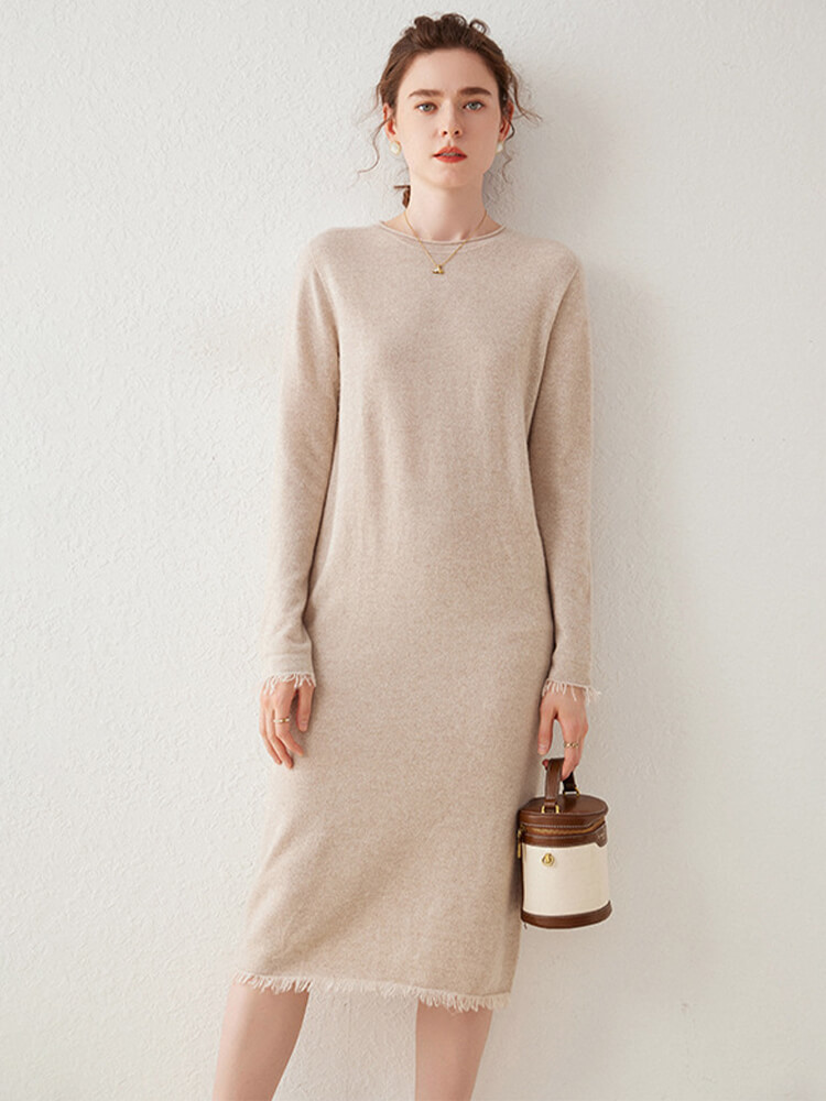 Boho-Chic Mid-Length Cashmere Crewneck Dress with Tassel Trim