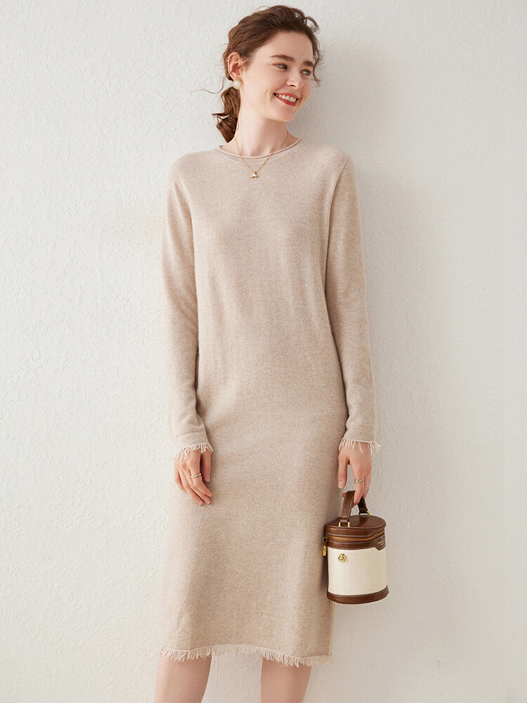 Boho-Chic Mid-Length Cashmere Crewneck Dress with Tassel Trim