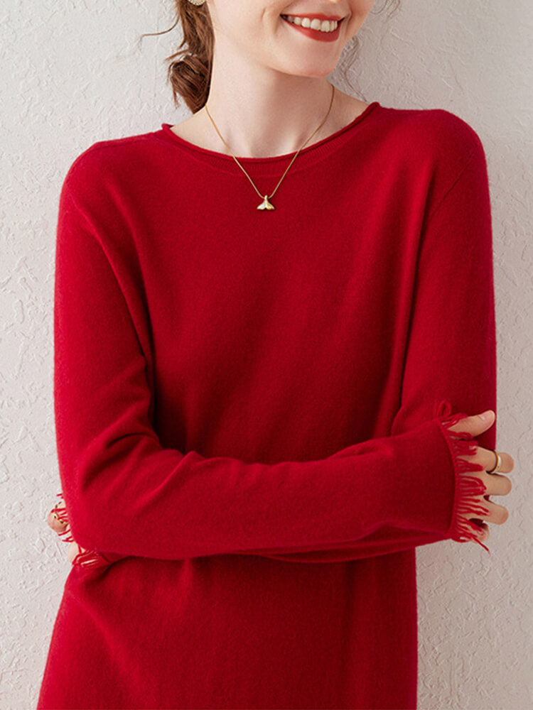 Boho-Chic Mid-Length Cashmere Crewneck Dress with Tassel Trim