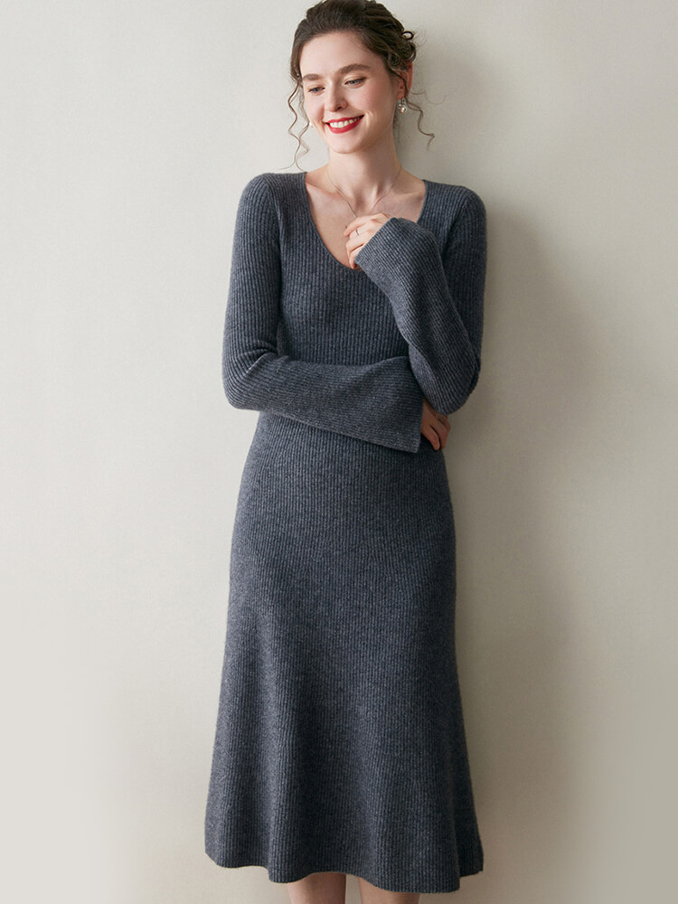 Scoop Neck Long Sleeve Cashmere Flare Dress