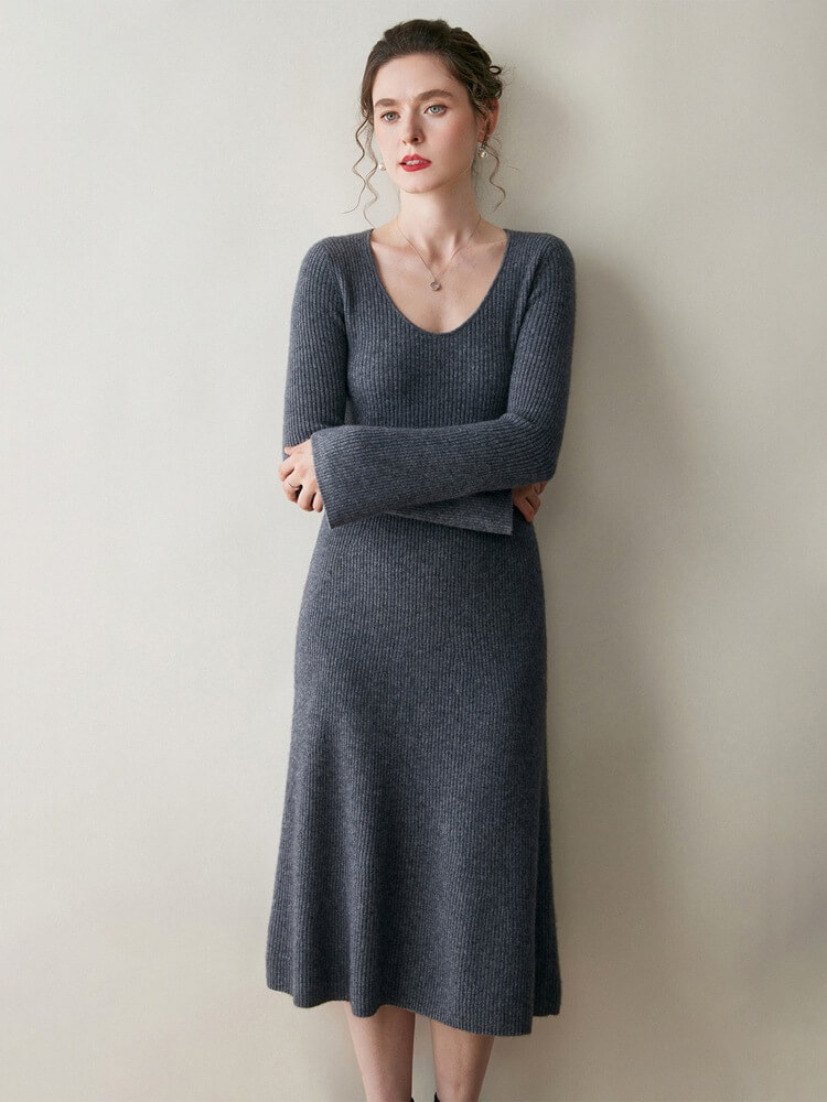 Scoop Neck Long Sleeve Cashmere Flare Dress