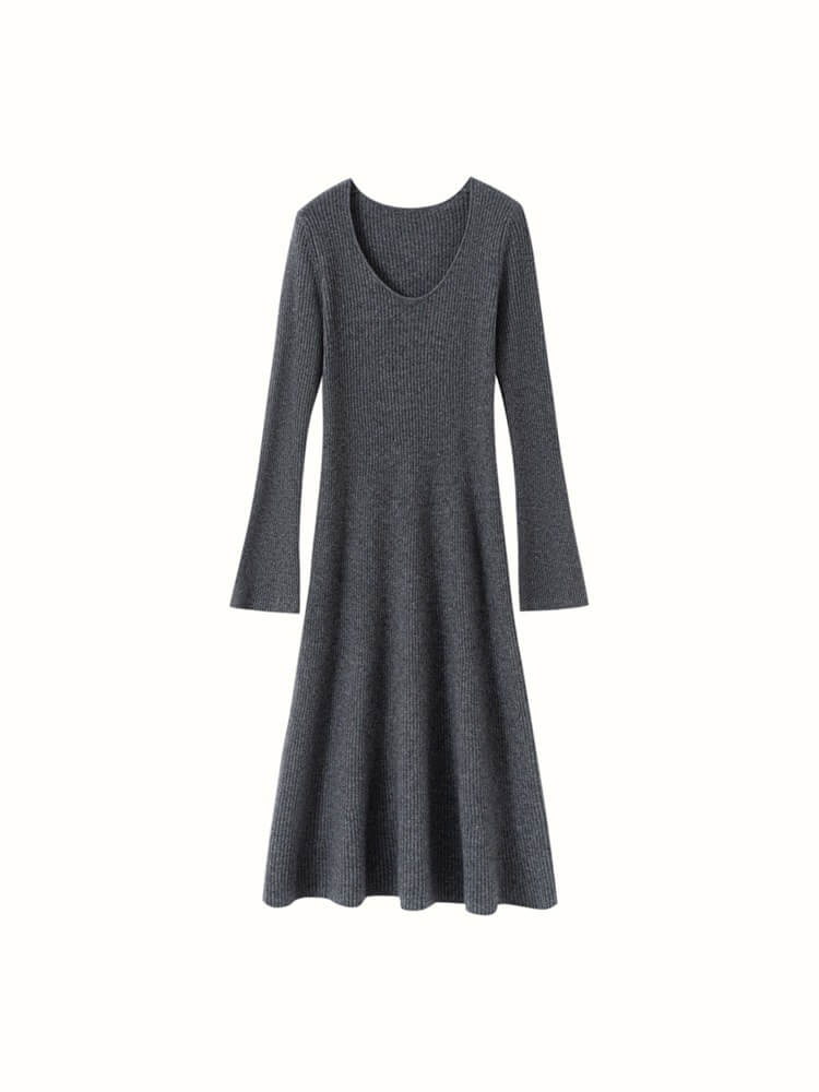 Scoop Neck Long Sleeve Cashmere Flare Dress