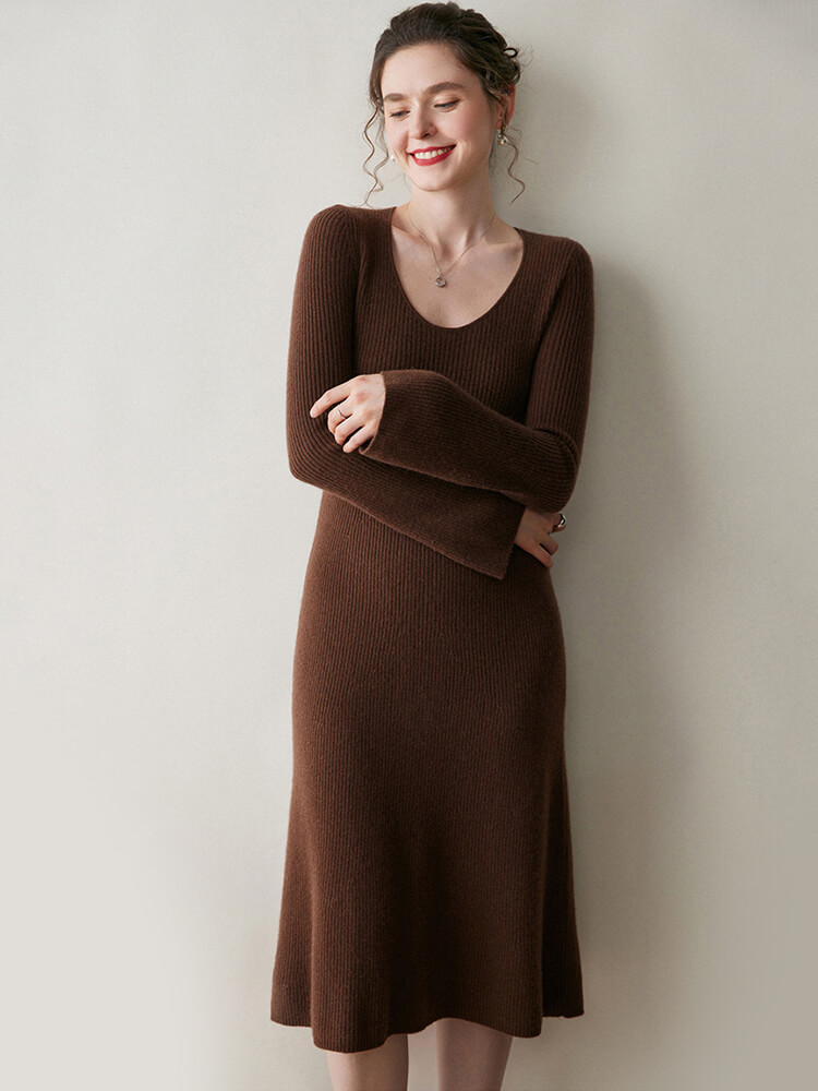 Scoop Neck Long Sleeve Cashmere Flare Dress