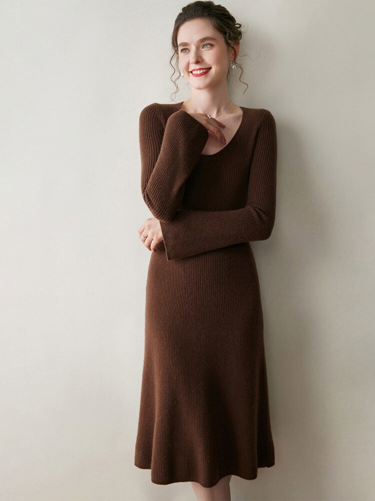Scoop Neck Long Sleeve Cashmere Flare Dress