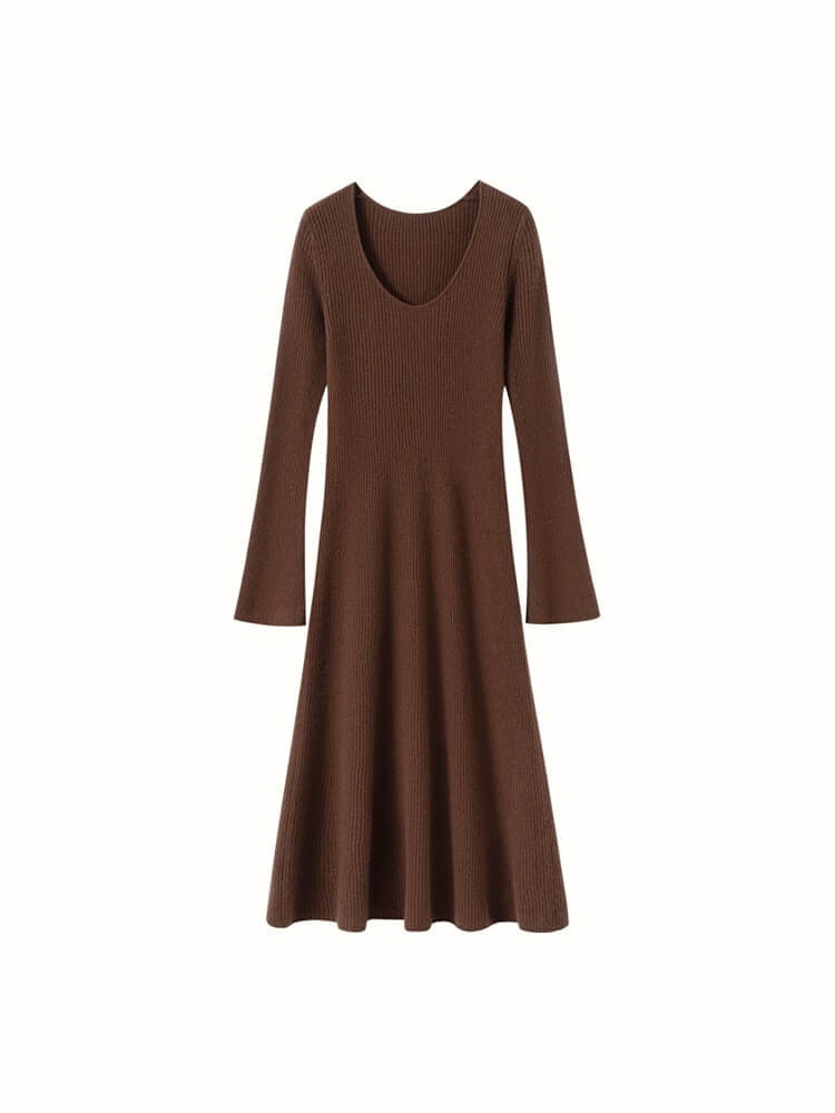 Scoop Neck Long Sleeve Cashmere Flare Dress