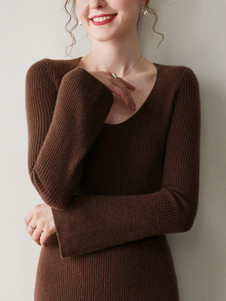 Scoop Neck Long Sleeve Cashmere Flare Dress