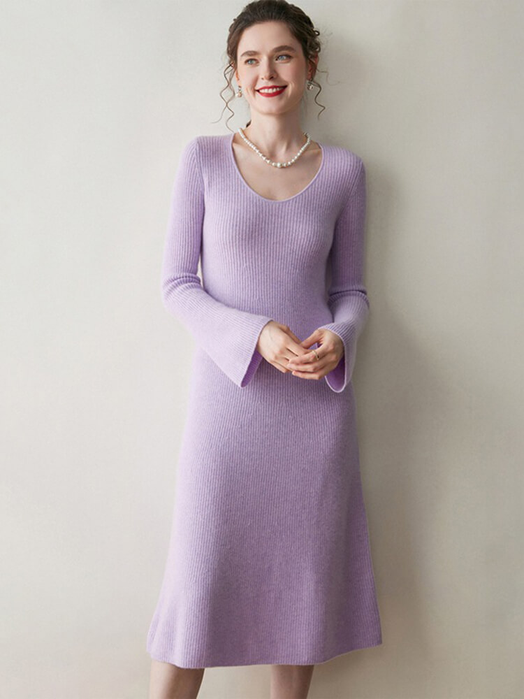 Scoop Neck Long Sleeve Cashmere Flare Dress