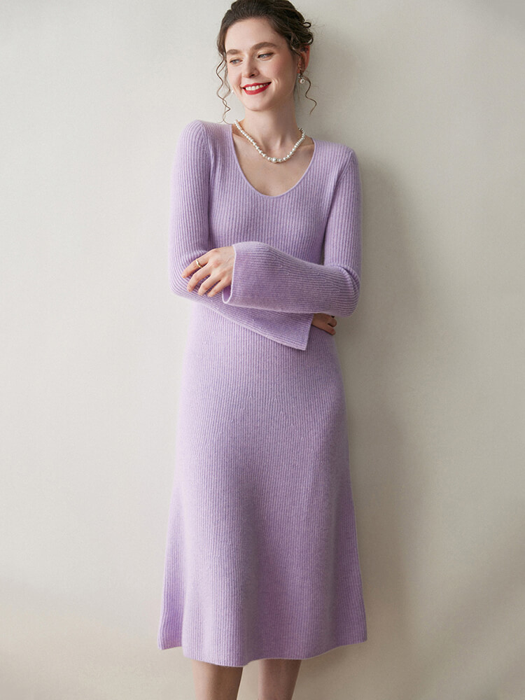 Scoop Neck Long Sleeve Cashmere Flare Dress
