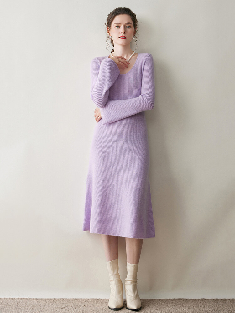 Scoop Neck Long Sleeve Cashmere Flare Dress