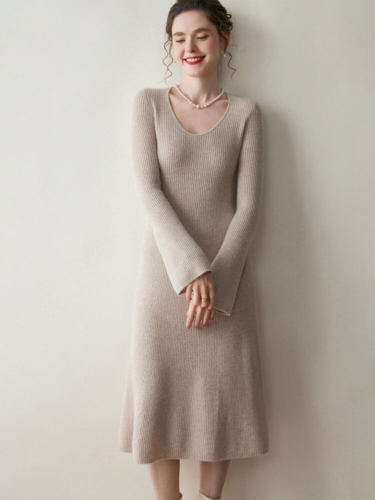 Scoop Neck Long Sleeve Cashmere Flare Dress