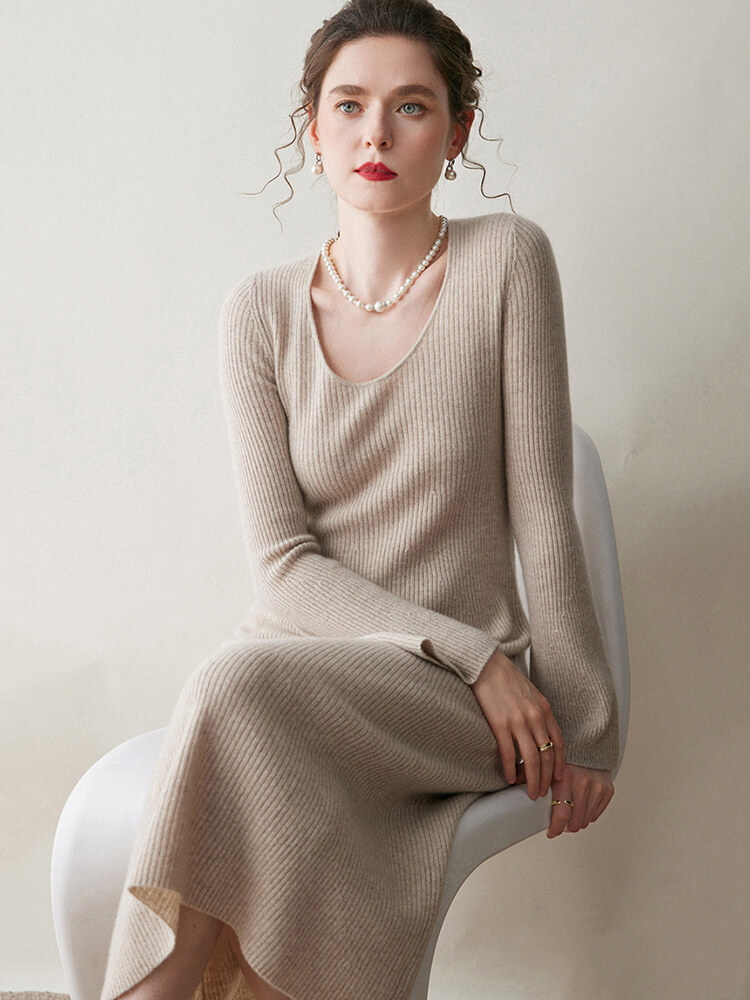 Scoop Neck Long Sleeve Cashmere Flare Dress