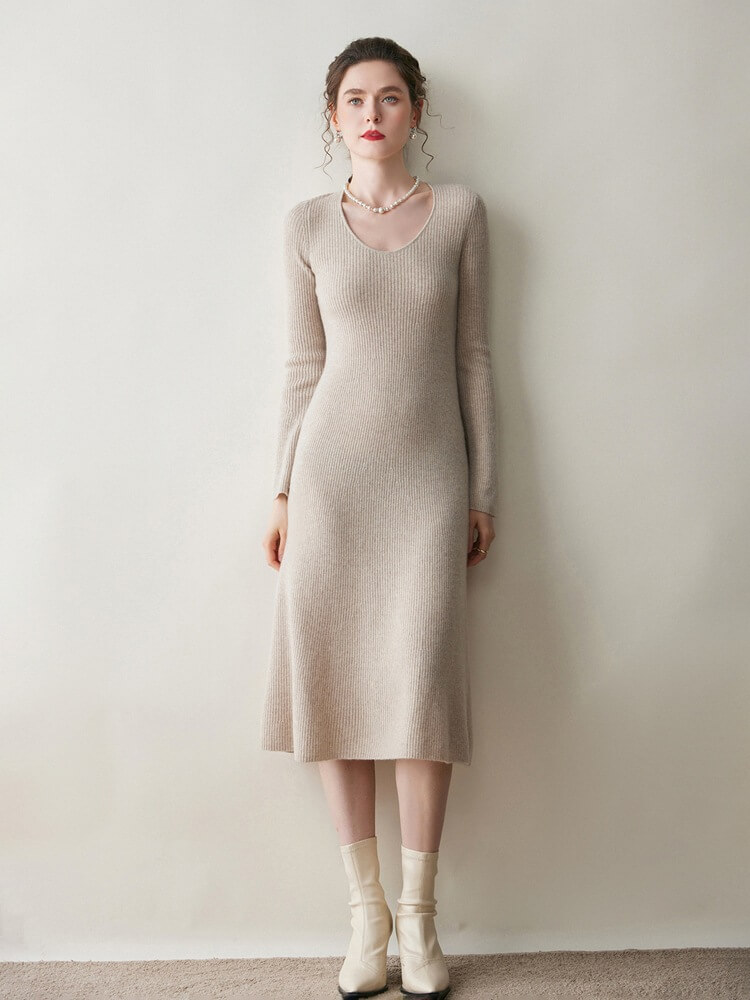 Scoop Neck Long Sleeve Cashmere Flare Dress