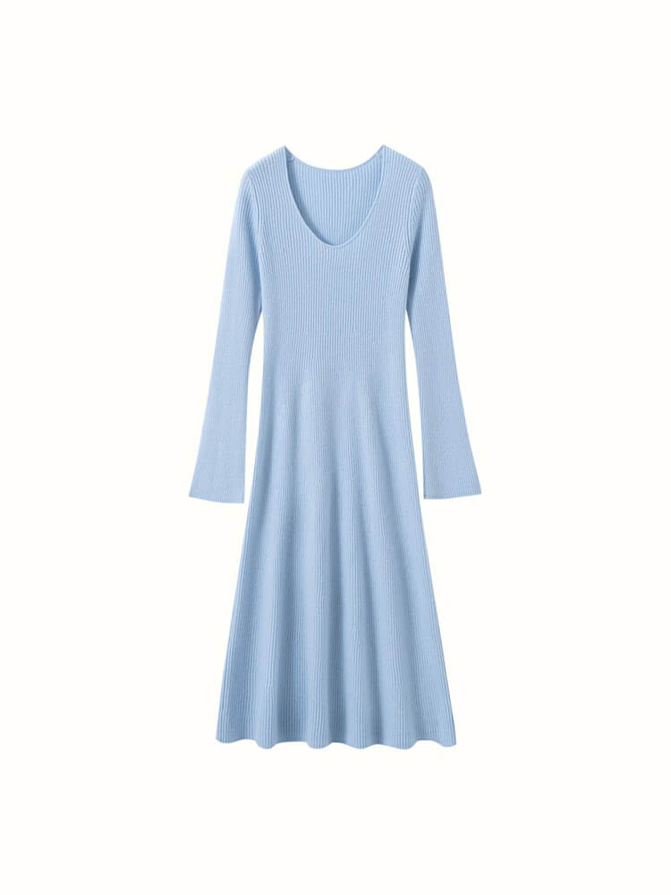 Scoop Neck Long Sleeve Cashmere Flare Dress