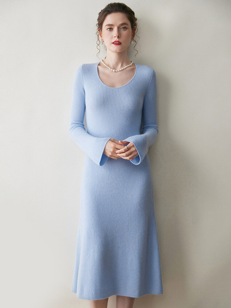 Scoop Neck Long Sleeve Cashmere Flare Dress