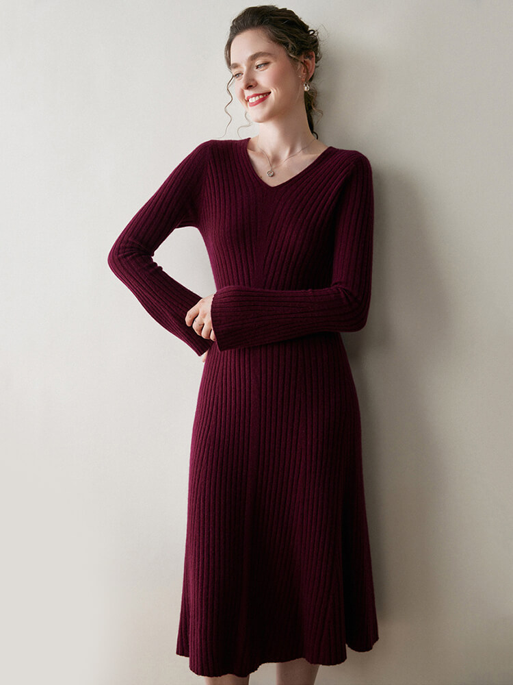 Ribbed V-Neck Flare Sleeve Cashmere A-Line Midi Dress