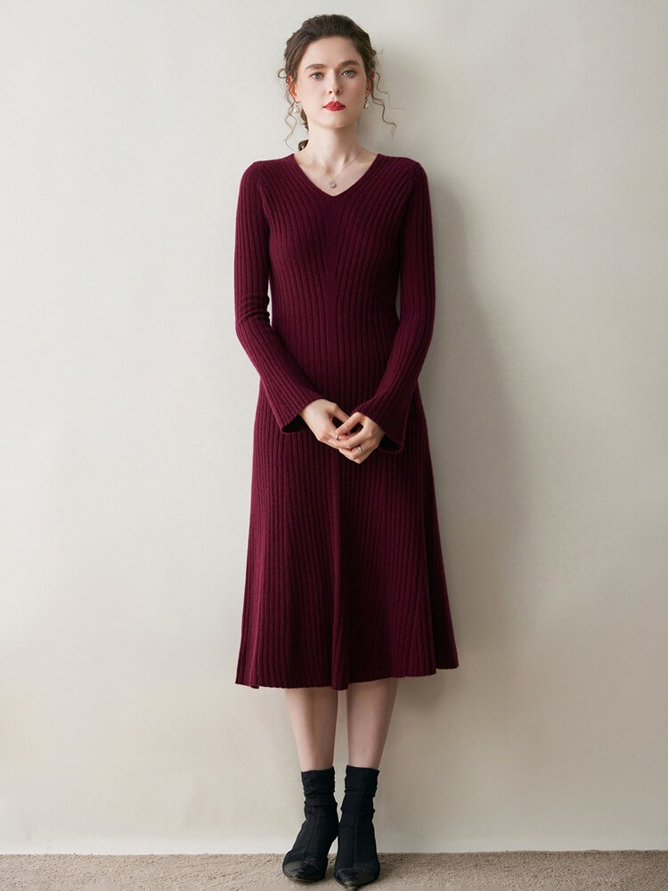 Ribbed V-Neck Flare Sleeve Cashmere A-Line Midi Dress