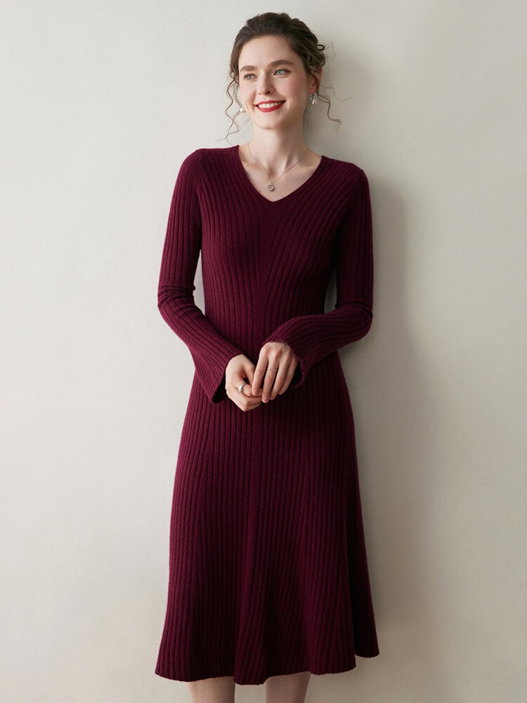 Ribbed V-Neck Flare Sleeve Cashmere A-Line Midi Dress