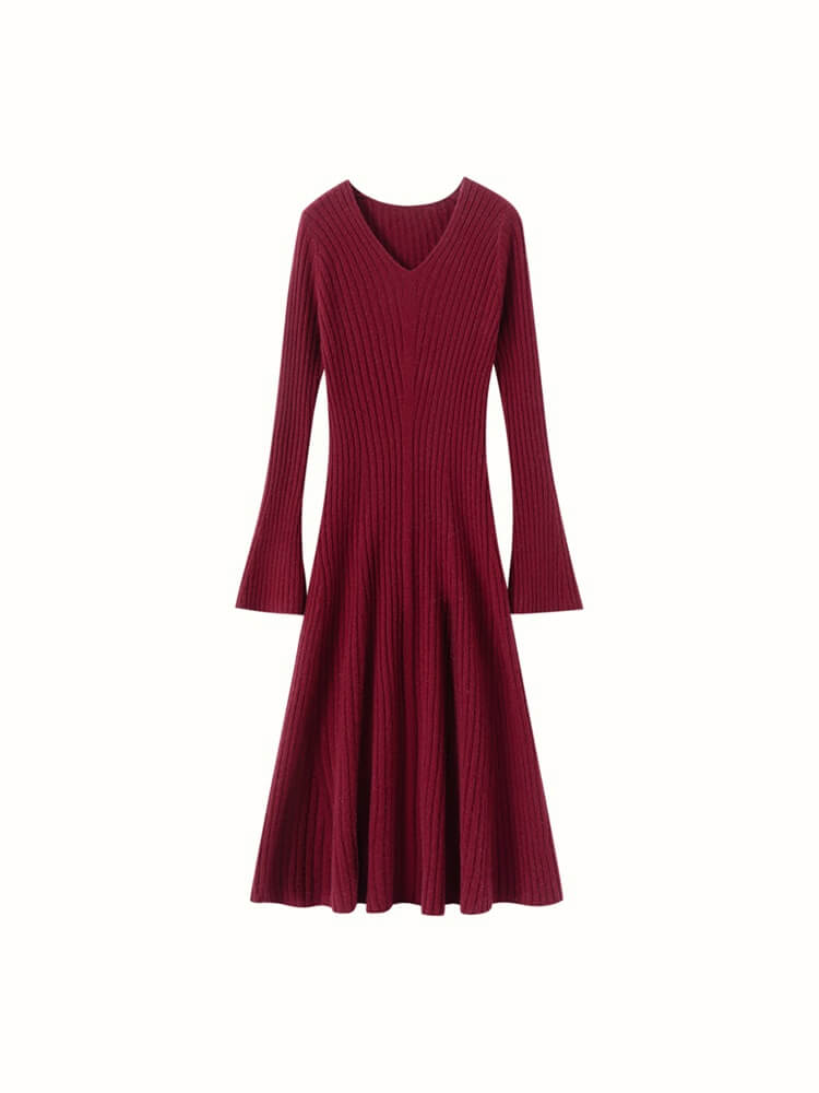 Ribbed V-Neck Flare Sleeve Cashmere A-Line Midi Dress