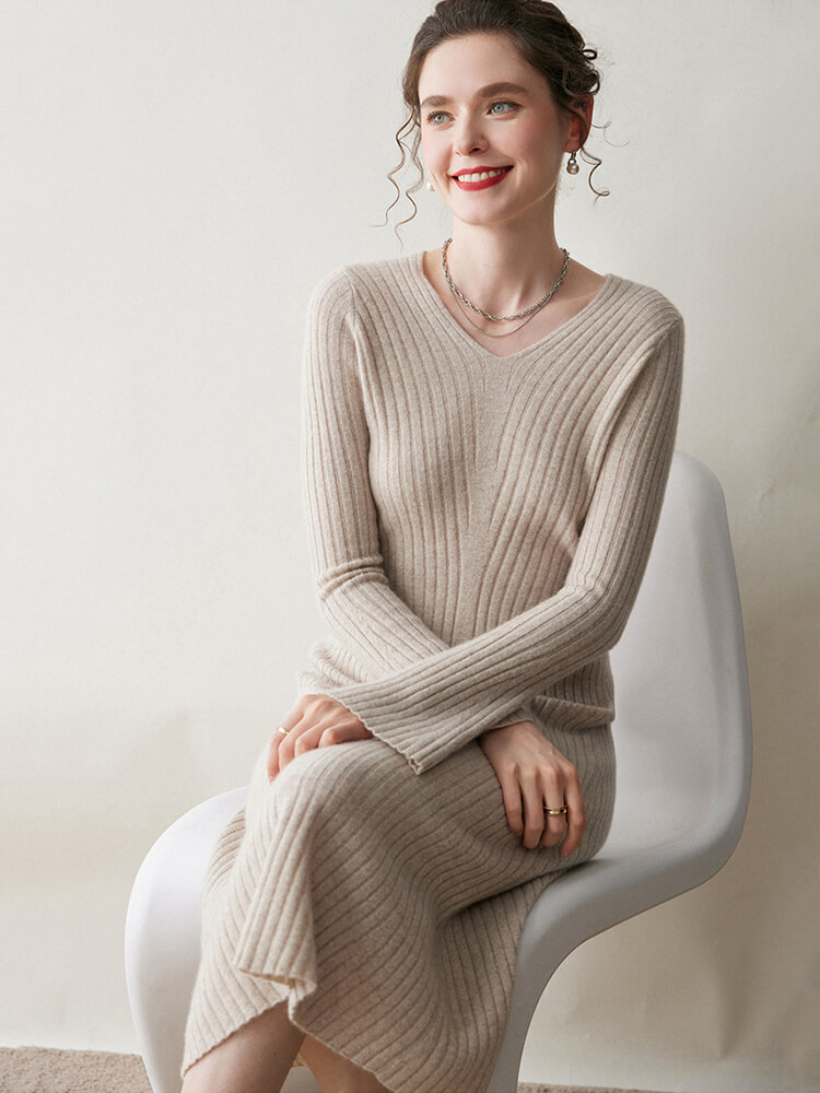 Ribbed V-Neck Flare Sleeve Cashmere A-Line Midi Dress