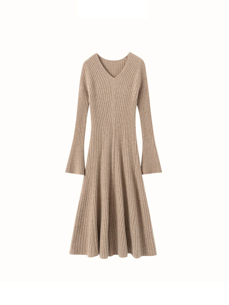 Ribbed V-Neck Flare Sleeve Cashmere A-Line Midi Dress