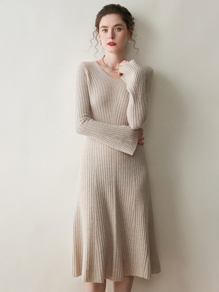 Ribbed V-Neck Flare Sleeve Cashmere A-Line Midi Dress