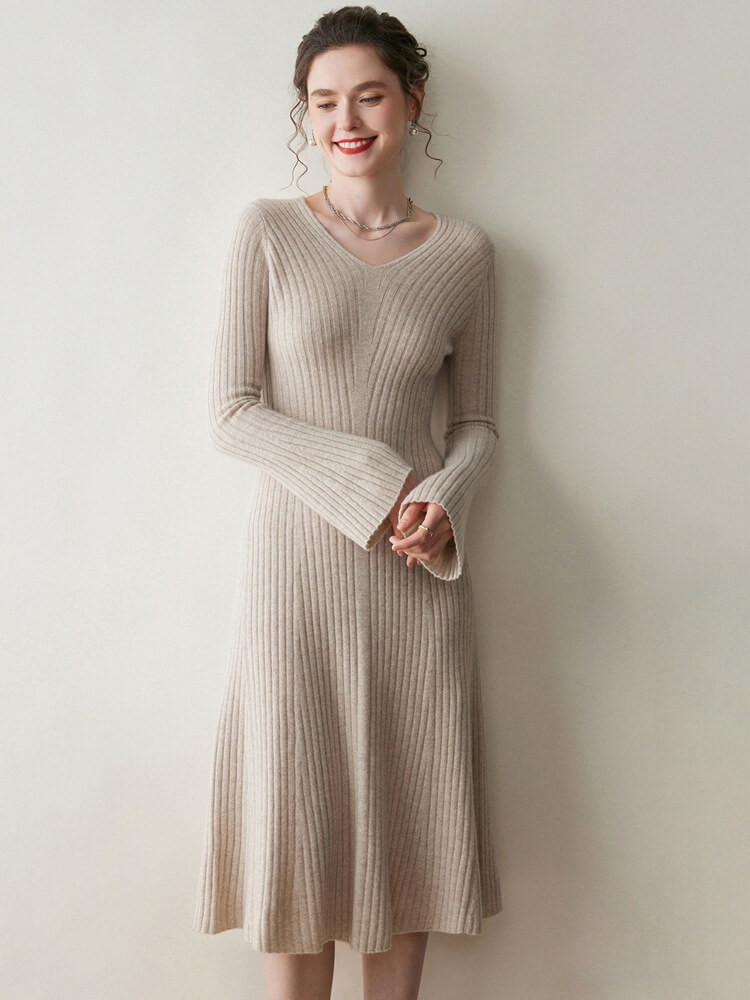 Ribbed V-Neck Flare Sleeve Cashmere A-Line Midi Dress