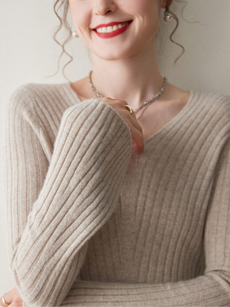 Ribbed V-Neck Flare Sleeve Cashmere A-Line Midi Dress