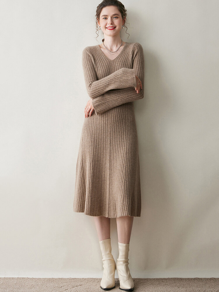 Ribbed V-Neck Flare Sleeve Cashmere A-Line Midi Dress