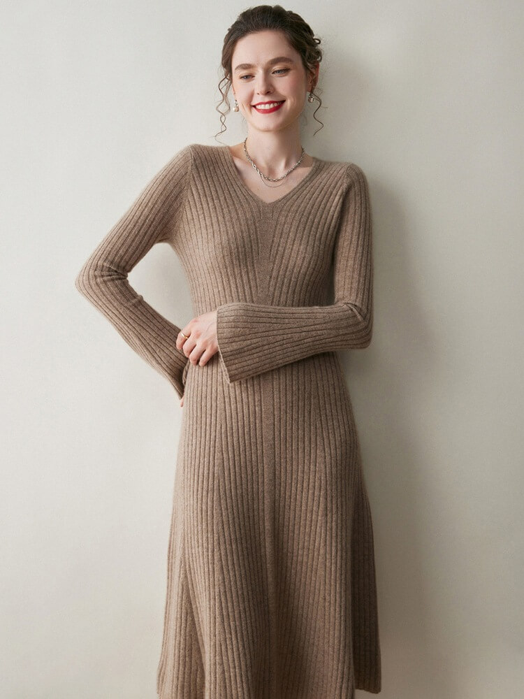 Ribbed V-Neck Flare Sleeve Cashmere A-Line Midi Dress