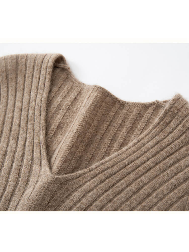 Ribbed V-Neck Flare Sleeve Cashmere A-Line Midi Dress