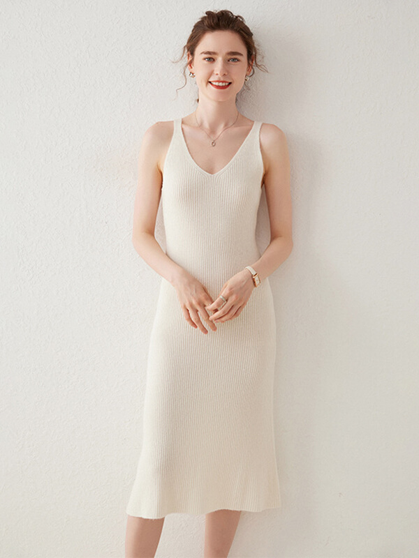 Ribbed V-Neck Sleeveless Cashmere Slip Dress