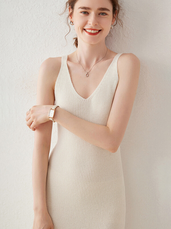 Ribbed V-Neck Sleeveless Cashmere Slip Dress