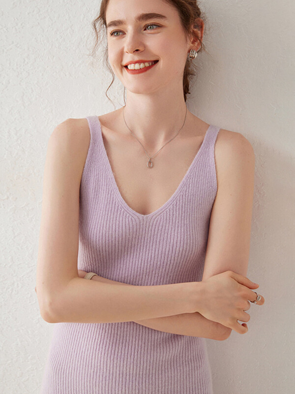 Ribbed V-Neck Sleeveless Cashmere Slip Dress