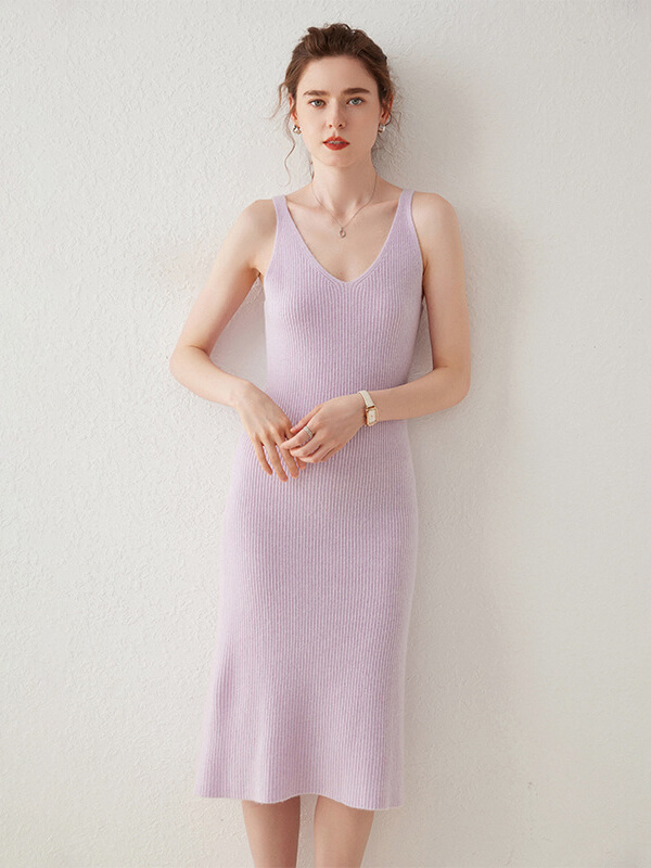 Ribbed V-Neck Sleeveless Cashmere Slip Dress