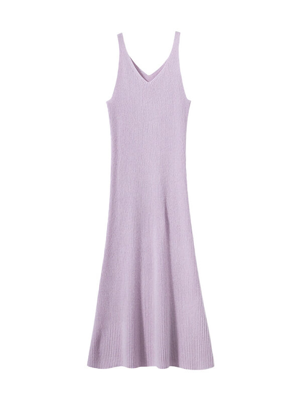Ribbed V-Neck Sleeveless Cashmere Slip Dress
