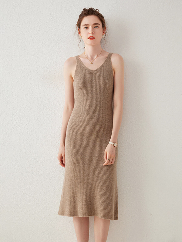 Ribbed V-Neck Sleeveless Cashmere Slip Dress