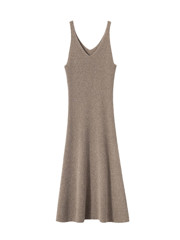 Ribbed V-Neck Sleeveless Cashmere Slip Dress