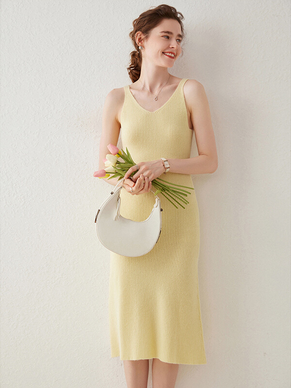 Ribbed V-Neck Sleeveless Cashmere Slip Dress