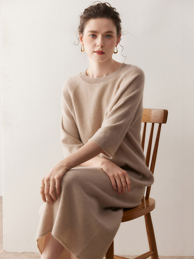 Casual Loose-Fit 3/4 Sleeve Cashmere Dress for Women