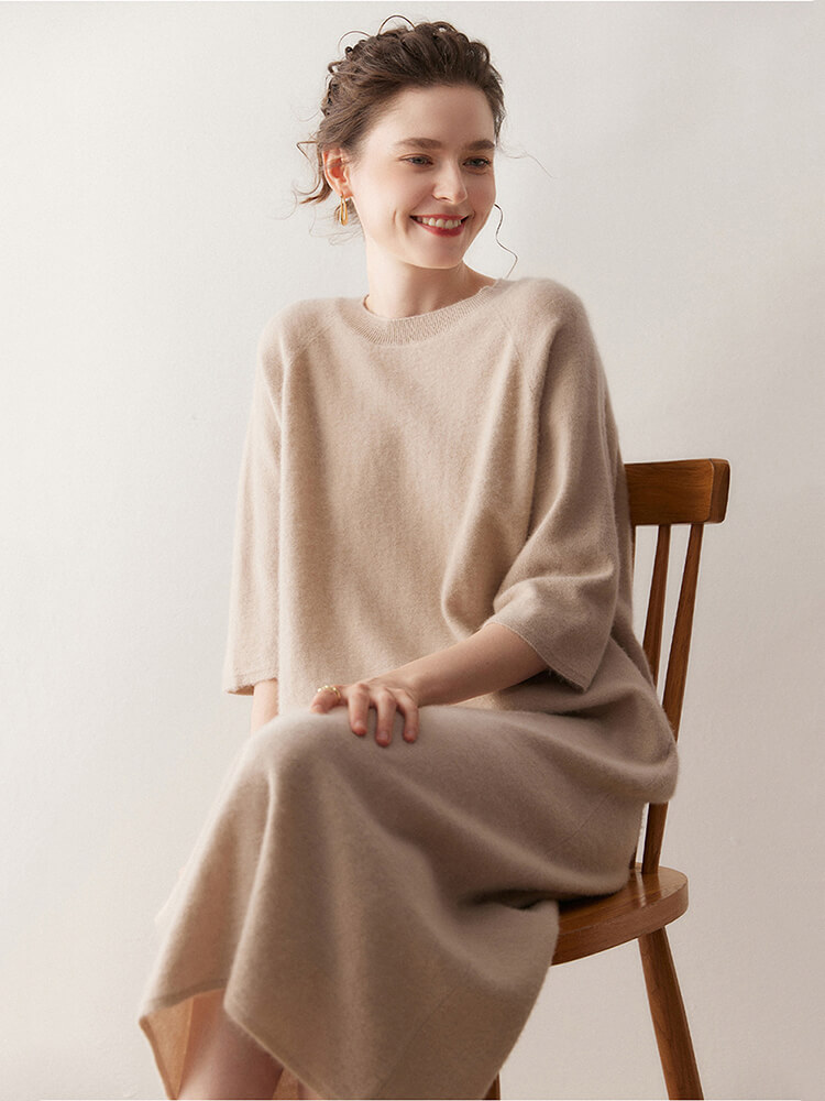 Casual Loose-Fit 3/4 Sleeve Cashmere Dress for Women