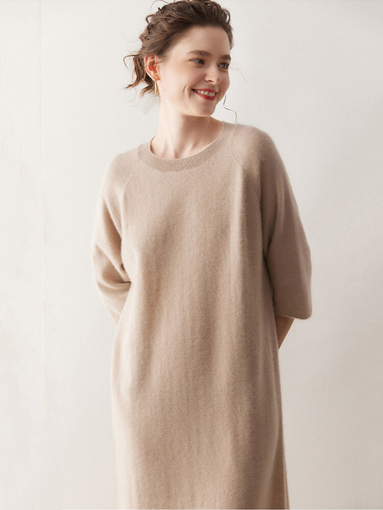 Casual Loose-Fit 3/4 Sleeve Cashmere Dress for Women
